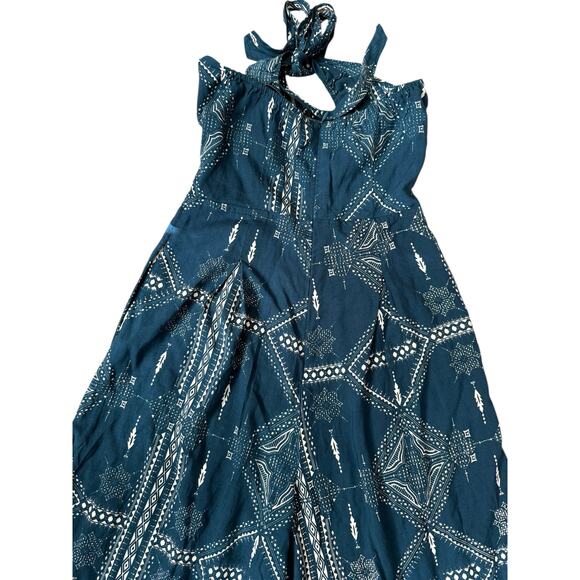 Cleobella Low Neck Halter Wide Leg Teal & Cream Jumpsuit Pockets Size XS - Picture 6 of 10